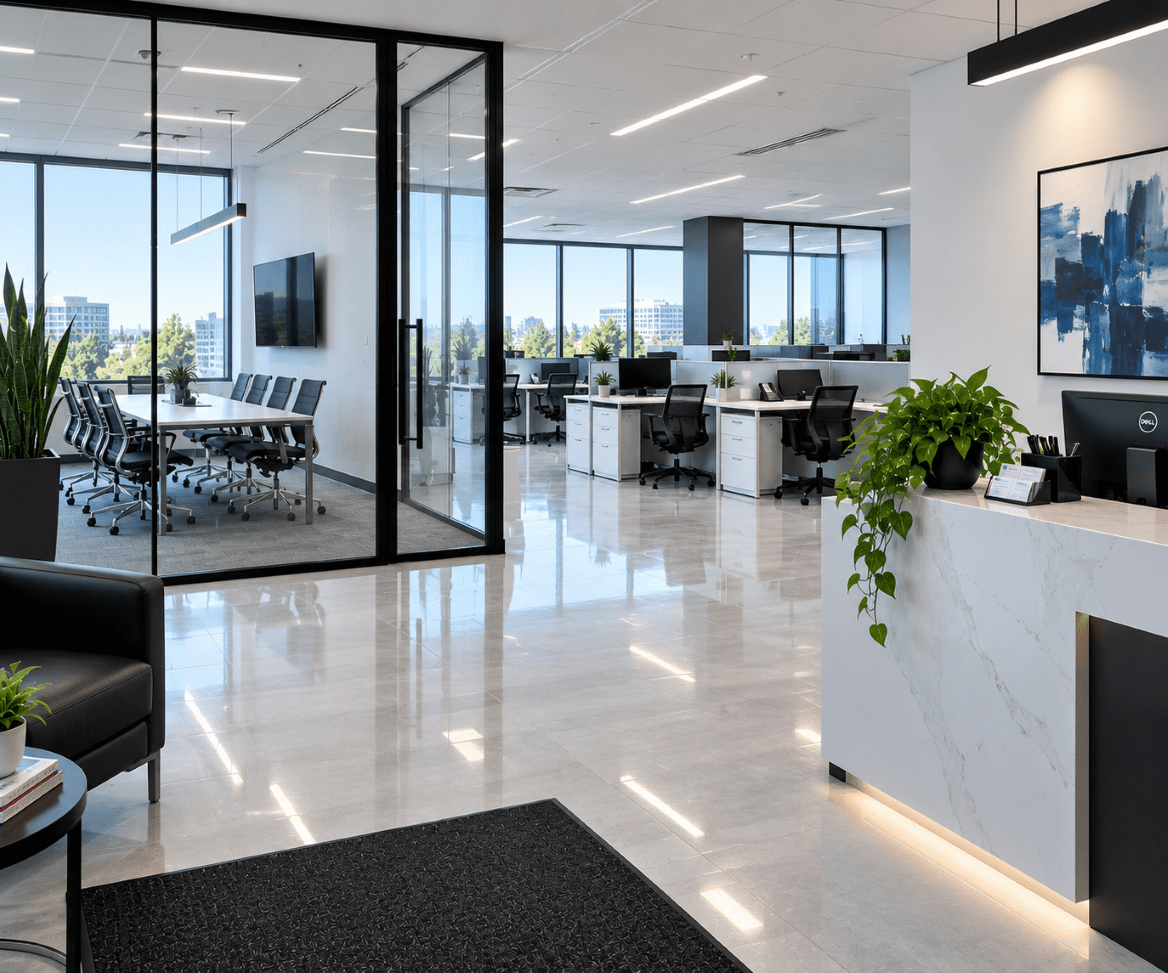 Bright, freshly cleaned professional office with reception, workstations and meeting room