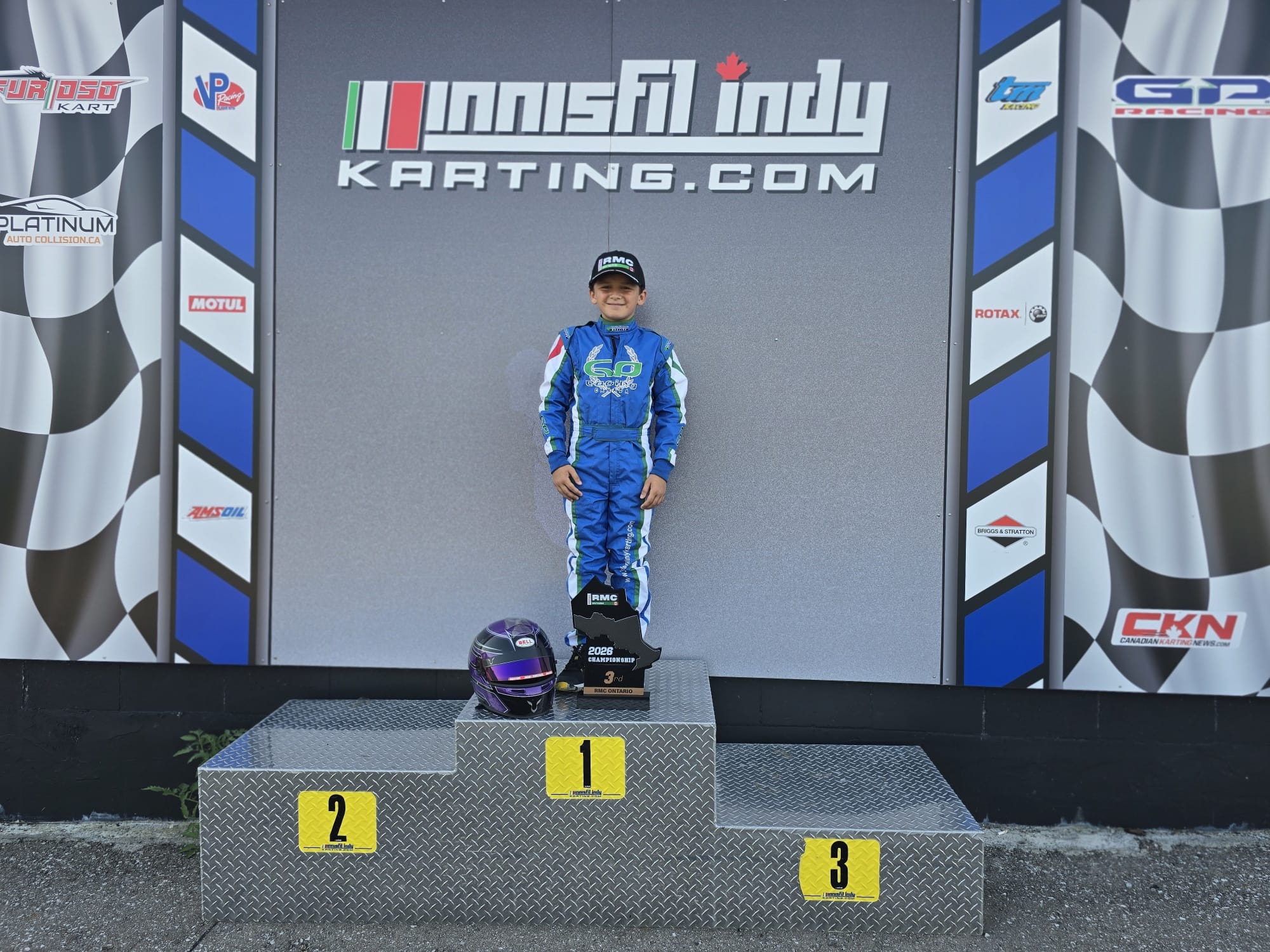 Angelo Launi with his third-place RMC Ontario championship trophy at Innisfil Indy Karting