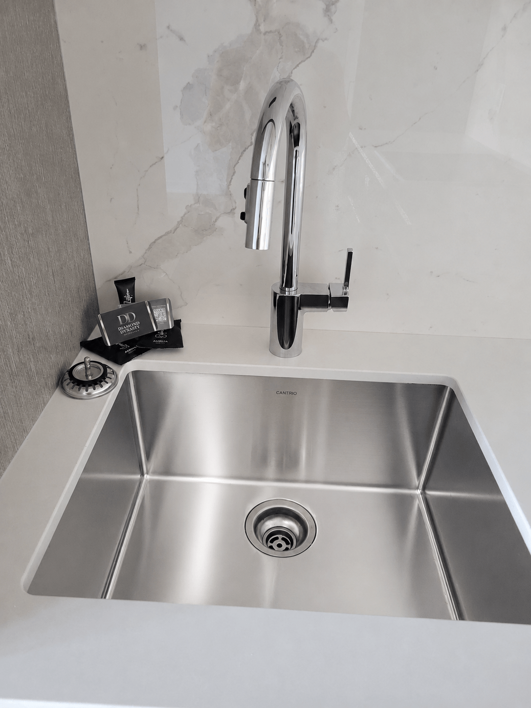 Polished kitchen sink and faucet detail