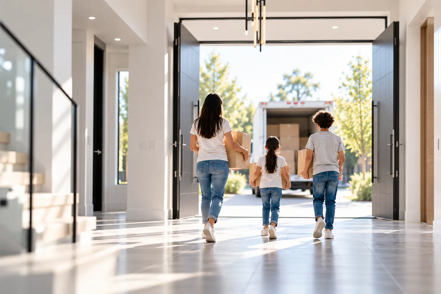 Family carrying moving boxes through an empty modern home with a moving truck outside